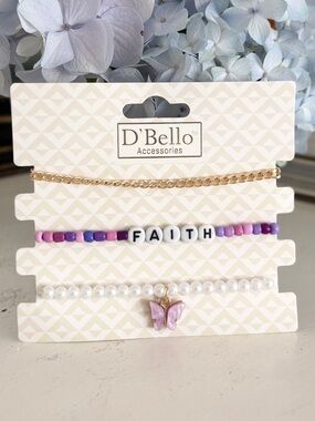 D'Bello Bracelet / Anklet Trio - 'Faith' Butterfly Purple Bead, Pearl, Gold